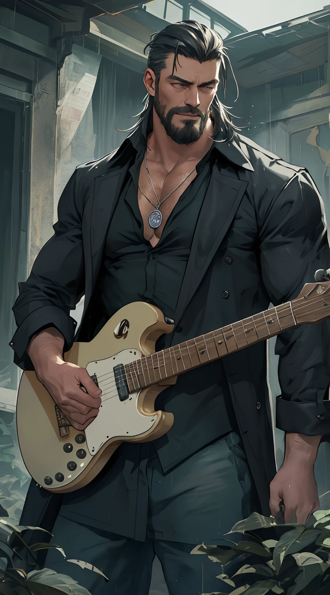 There is a man playing the electric guitar on room of ruin, it rains and smoky, dark midnight blue neon foggy sky, broken glass fence frame, bonfire of drums are there, he gets wet in the rain, droplets, gigachad muscles, wearing a shoulder-padded dark deep green trench coat, wearing black dress shirt as inner, muscular men , male art, Eric Clapton, Commission for high resolution, Very heavy vignette!!!,hard ,Nothing is worn, slight laugh,veiny muscles,,shaggy lumpy body,Silver Plate Tag Necklace,Dad with extreme muscle mass,Black little long shaved side hair,Cropped beard face, little laugh, Around 50 years old,tanned brown skin,ultra-detailliert,High quality,Realistic and smooth skin texture,Photorealistic Dandy Guy,Light and shadow