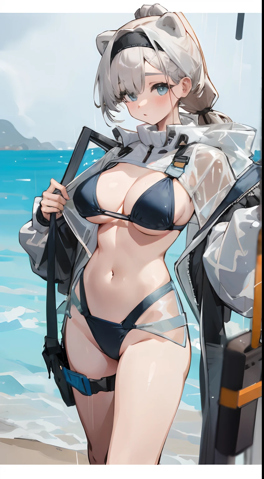 Bigboobs,cropped shoulders,Bikini swimsuit,High ponytail,Stand up,see-through raincoat