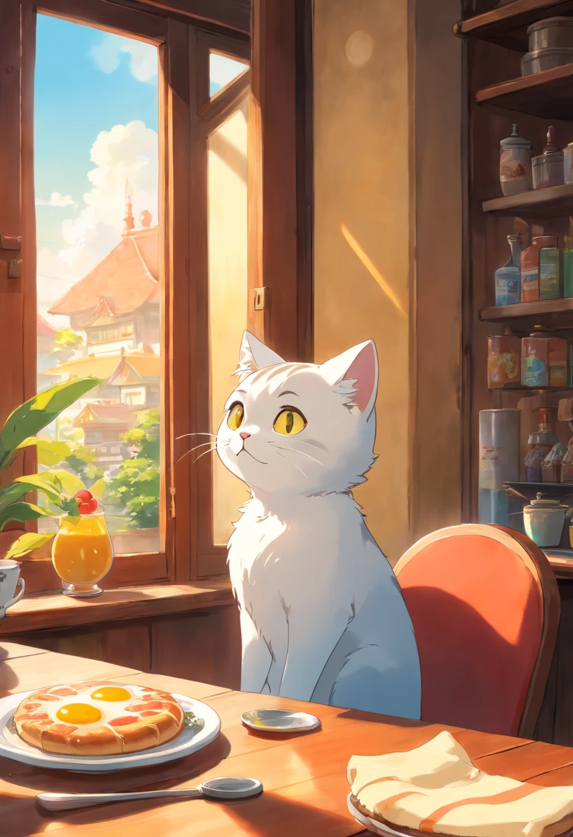 A cute cat with round eyes, At the breakfast place , Sunlight outside the window.