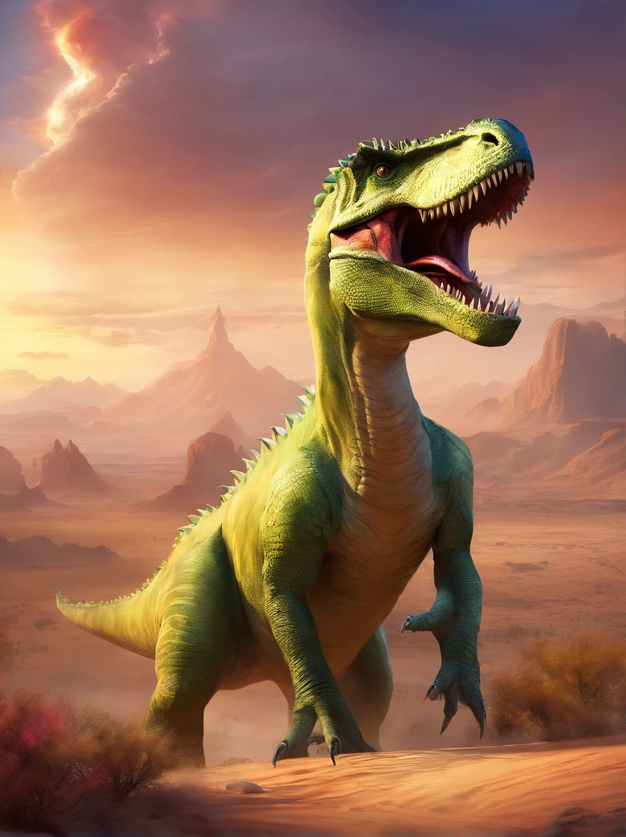 Imagine a ferocious green tyrant rex dinosaur in a desert environment, with gaping jaws and sharp fangs, a relentless sun shimmering in the sky, heat reflecting off the dinosaur's scaly skin, Realistic photography, 24mm wide angle lens, --ar 16 :9 --v 5