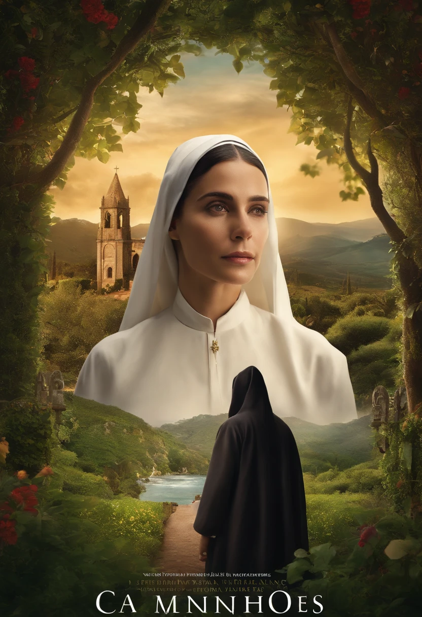 A cover with a depiction of a nun in a lush garden, looking at the horizon while holding a rosary in his hands. Ao lado dela, uma figura sombria, parcialmente obscurecida, representando o mafioso, com um olhar intenso e determinado. The title of the book, "Caminhos Interligados", poderia estar em letras delicadas e intrincadas, highlighting the complex connection between the protagonists.