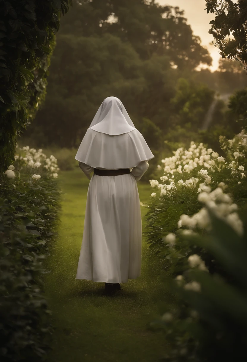 A cover with a depiction of a nun in a lush garden, looking at the horizon while holding a rosary in his hands. Ao lado dela, uma figura sombria, parcialmente obscurecida, representando o mafioso, com um olhar intenso e determinado. The title of the book, "Caminhos Interligados", poderia estar em letras delicadas e intrincadas, highlighting the complex connection between the protagonists.
