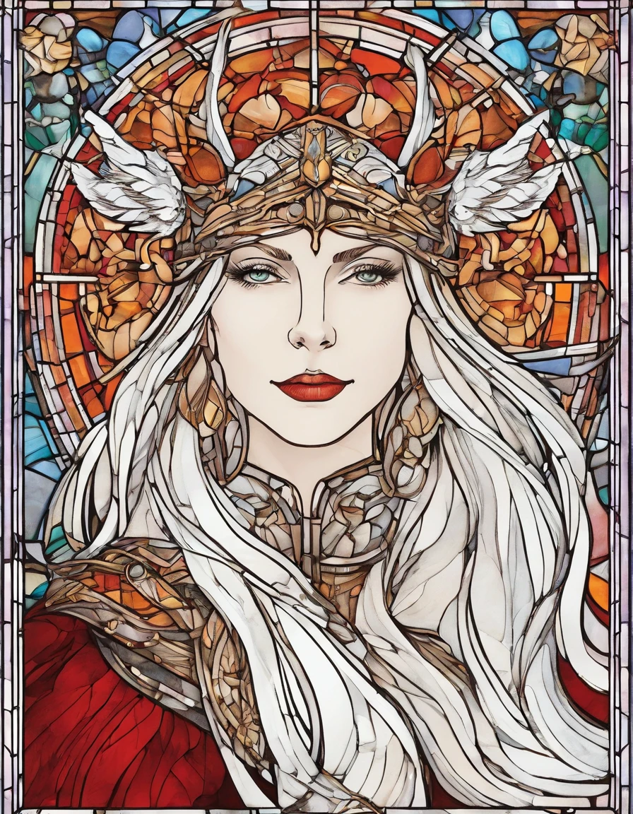 Viking in a white half mask, grandes asas de anjo, vestido vermelho longo, innocence, hidromel