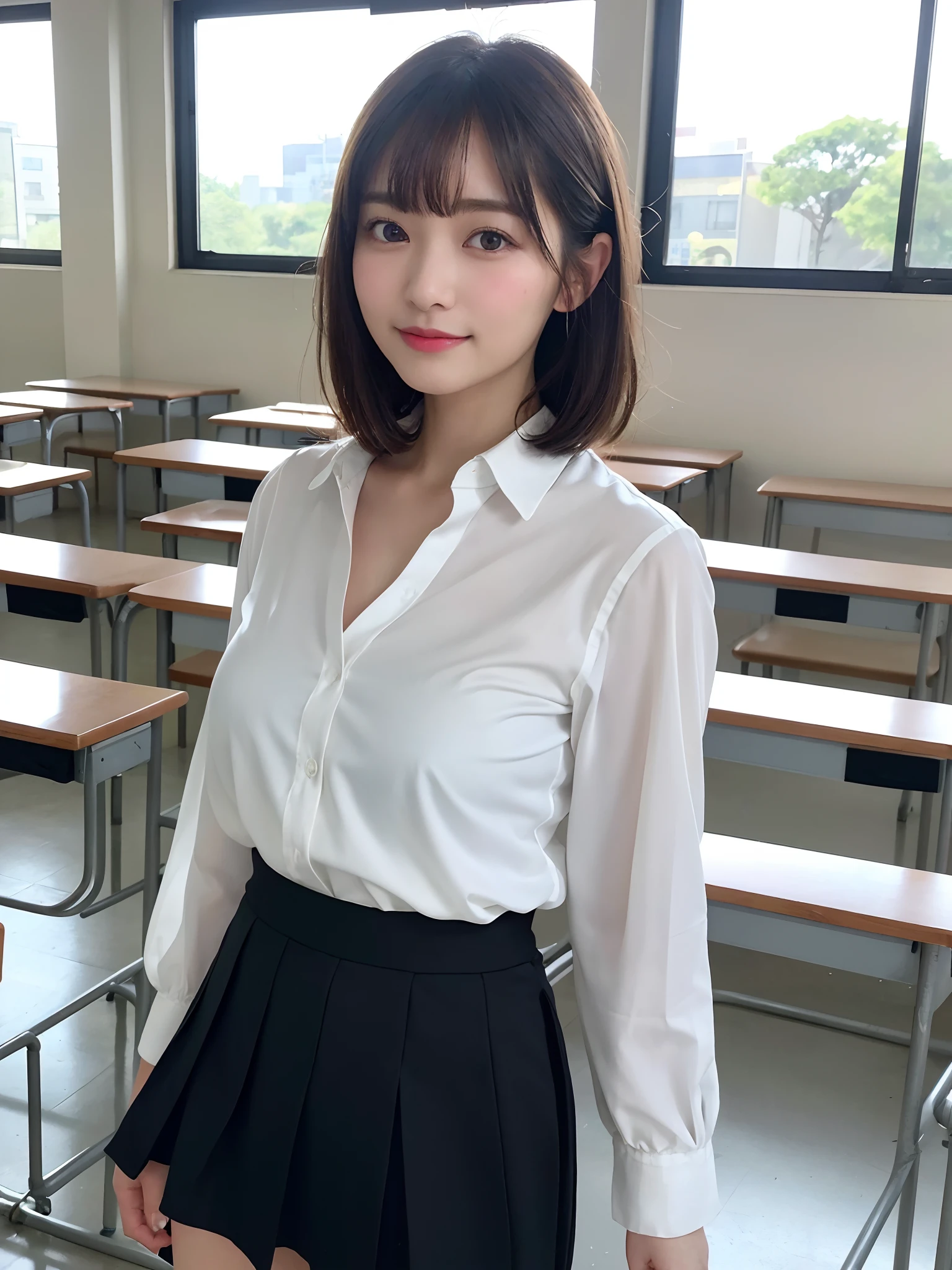 8K、Raw photography、top-quality、masuter piece:1.2)、ultra-detailliert、ultra res、(realisitic、rialistic photo:1.37)、portlate、high-definition RAW color photography、Professional Photography、highly detailed and beautiful、ighly detailed、8K Wallpapers、amazing detailed、huge filesize、Official art、Highly detailed CG Unity 8K wallpapers、highly detailed beautiful girl、extra detailed face、extremely detailed eye、highlydetailed skin、extremely detailed fingers、highly detailed nose、very detailed detailed mouth、Perfect Anatomy、highly detailed back ground、Highly detailed clothing、女の子 1 人、Cute little girl s、famous Japan idol、cute little、Realistic body、小柄、de pele branca、glistning skin、Slim body、(Blunt bangs:1.2)、A smile、kawaii、zora々Right、kawaii faces、Lifelike face、Delicat eyes、Sauce order、skirt by the、Looking at the camera、Contrapo, high street, public, Large crowds, 动态照明, very Bigger breasts,University、‎Classroom、Herren、midiam　brown　short-hair、((Look at viewers:1.1))、Shyness、window, (((standing in a classroom)))、Suits、tight skirts、(Simple wet white blouse)、cowboy  shot、File retention、a wet body、huge tit