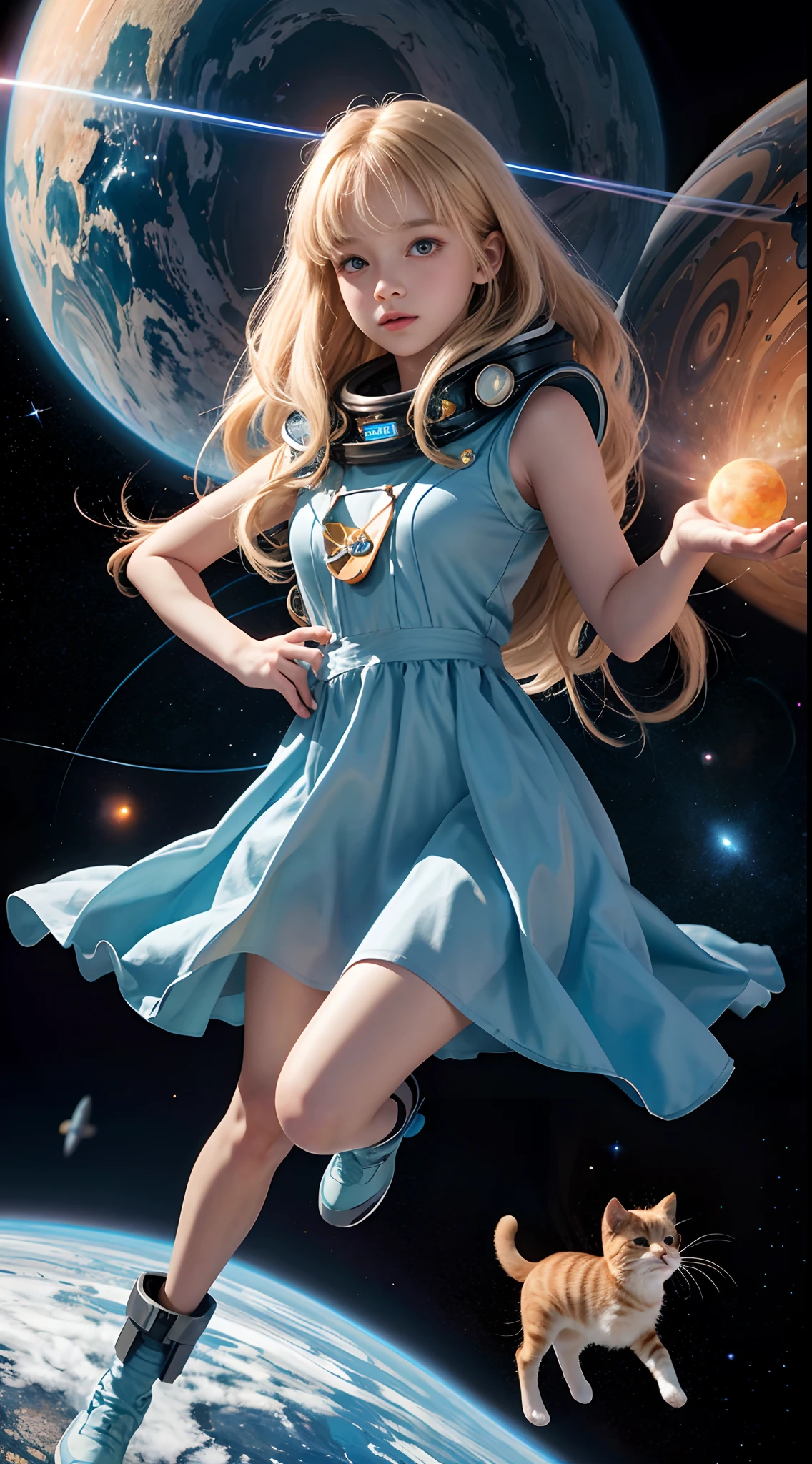 Cartoon illustration of a girl, official fan art, in the universe, kittens in outer space, In outer space, In deep space, in a galaxy, Deep Space Exploration!!!, Space travelling, Dress up on the stars and planets, Outer space, Outer space, cosmic starry sky, in the universe, Official art, spaces, in spacecraft, Colorful, Cute, more detailed, light, More realistic, cartoon