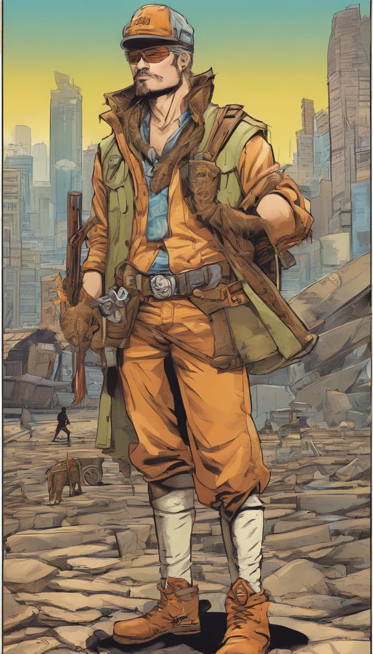 A drawing of a man in a hat and jacket standing on a street - SeaArt AI