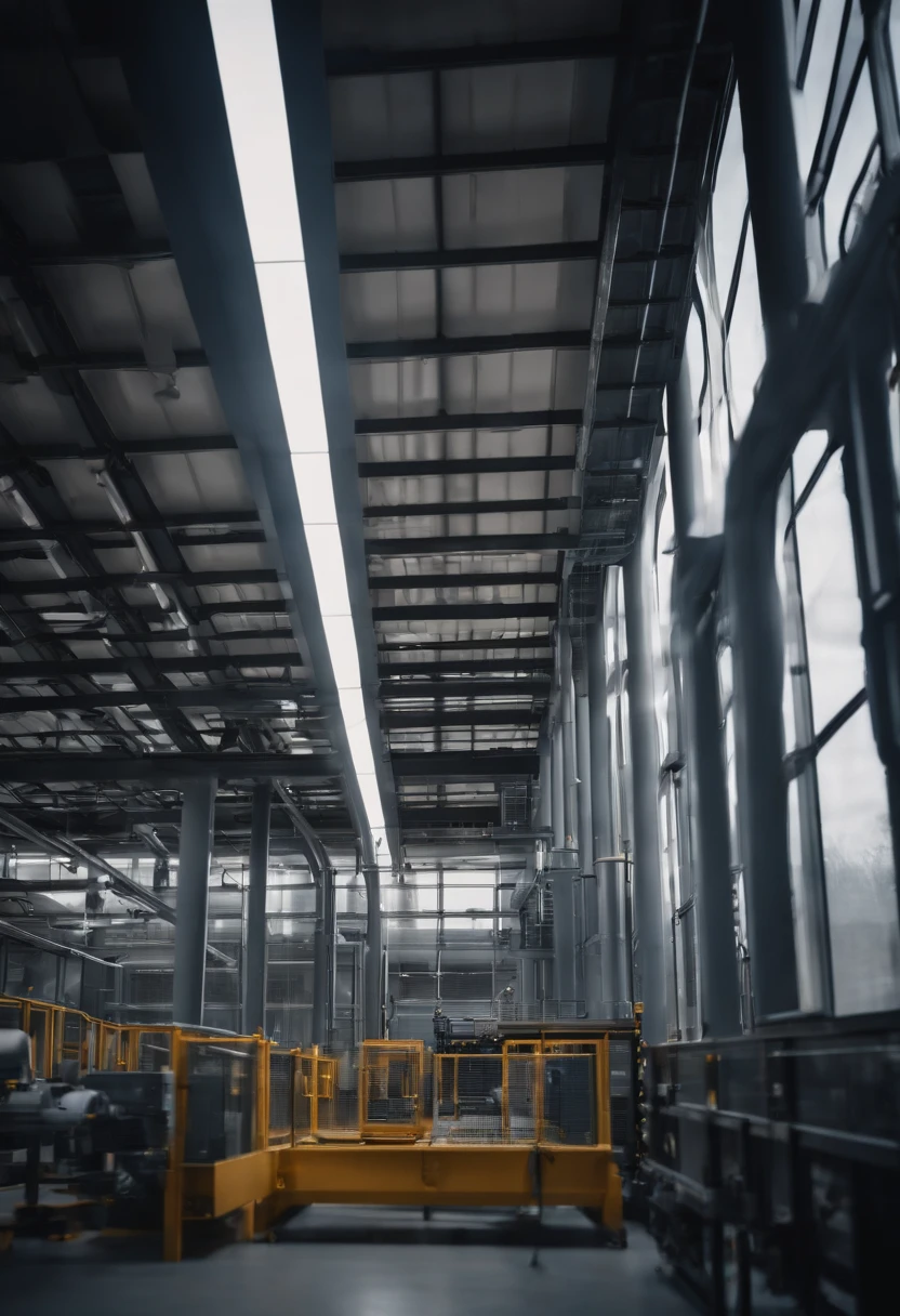 state of the art robotic modular construction production plant, clean, bright light, big and modern architecture