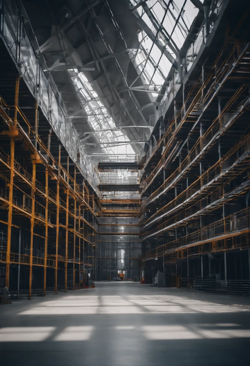 state of the art robotic modular construction production plant, clean, bright light, big and modern architecture