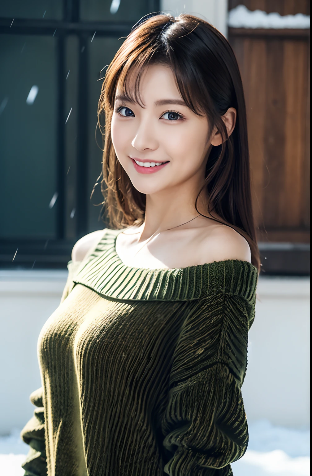 Winter scene、Snow Run、snowfall、((Colorful oversized sweater、leggins))、depth of fields,Real Light,Ray traching,OC Renderer,UE5 Renderer,Hyper-realistic,best qualtiy,8K,Works of masters,super-fine,Correct anatomy、Asian Women, (8K、RAW Photos、top-quality、masterpiece:1.2)、(realisitic、Photorealsitic:1.37)、Solo、25-years old、1人、light brown hair、详细的脸、Detailed lips、detailedeyes、(huge-breasted:1.5)、Alafed Women、Smile、broad shoulder、