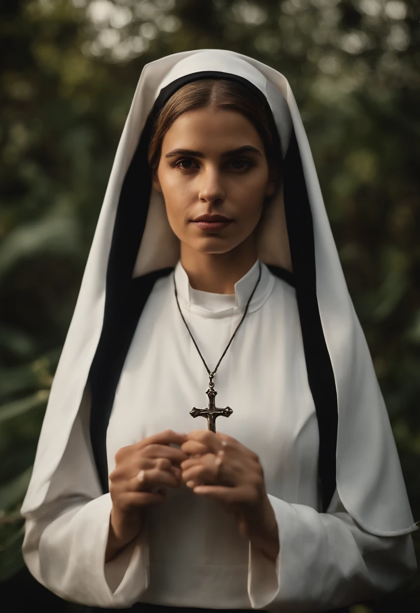 A cover with a depiction of a young nun, linda, perfeita, bonita em um jardim exuberante, looking at the horizon while holding a rosary in his hands. Ao lado dela, uma figura sombria, parcialmente obscurecida, representando o mafioso, com um olhar intenso e determinado. The title of the book, "Caminhos Interligados", poderia estar em letras delicadas e intrincadas, highlighting the complex connection between the protagonists.