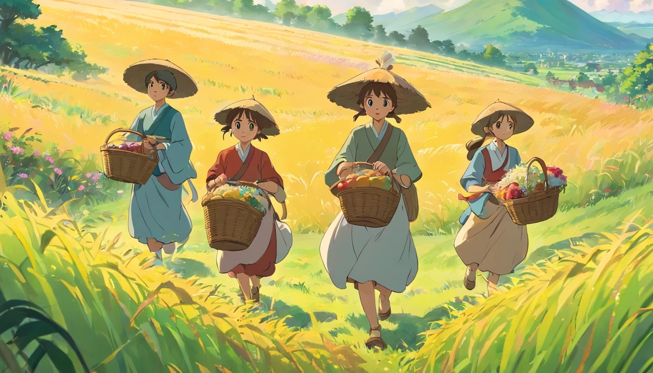 A group of villagers，5 males，5 women，Wear national costumes，Carry the back basket，In the fields layer by layer，Hard work.