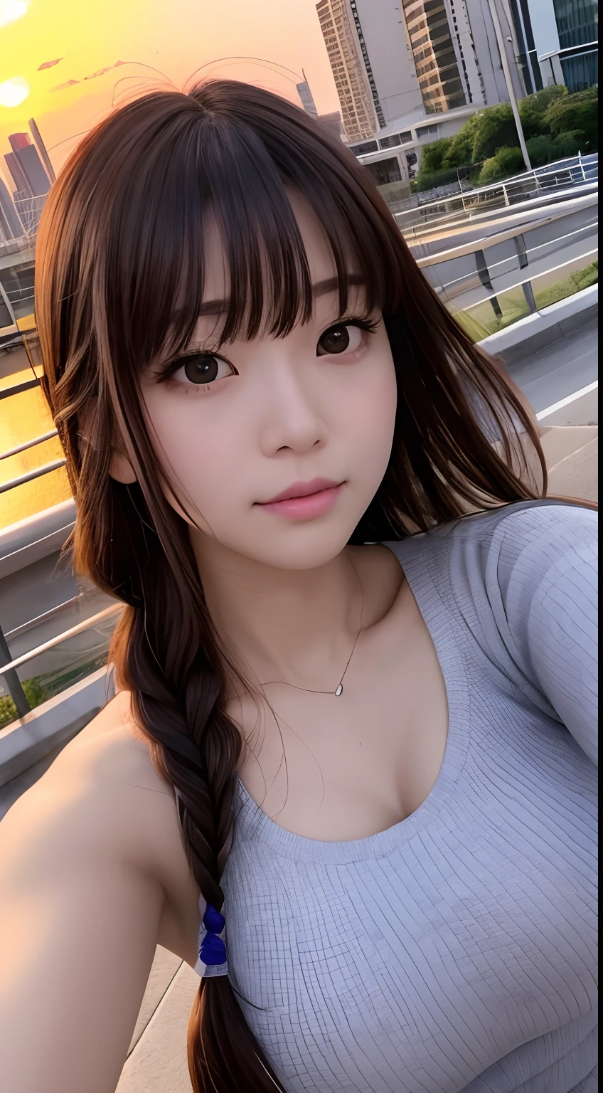 from below, selfie, portrait, finest image, (8k, RAW photo, realistic), neat and beautiful Japanese woman, iridescent brown braided bangs straight hair, shining big eyes, long eyelashes, double eyelids, half open crimson alluring moist big thick lips, large under boobs, abs, slender, perfect proportion, sunset and rainbow after the rain, blurry background cityscape