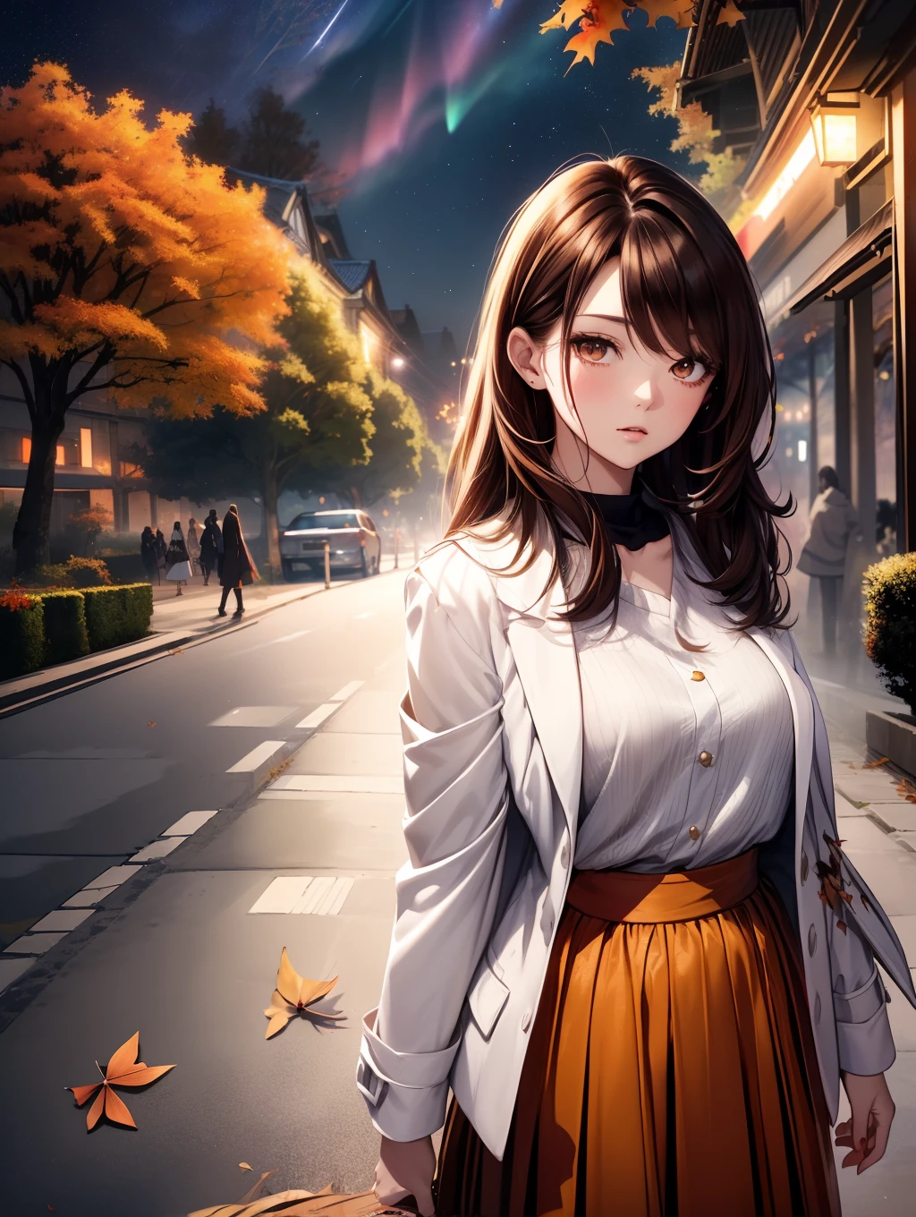Best Quality, masutepiece, beautiful mature women、Beautiful face、Strong-minded woman、(long red skirt、White coat、Black long sleeves)、brown haired、(Brown-eyed)、Longhaire、Undersized eyes、(((Gingko tree with autumn leaves、Gingko tree)))、(nighttime scene、starrysky:1.5)、streetlights