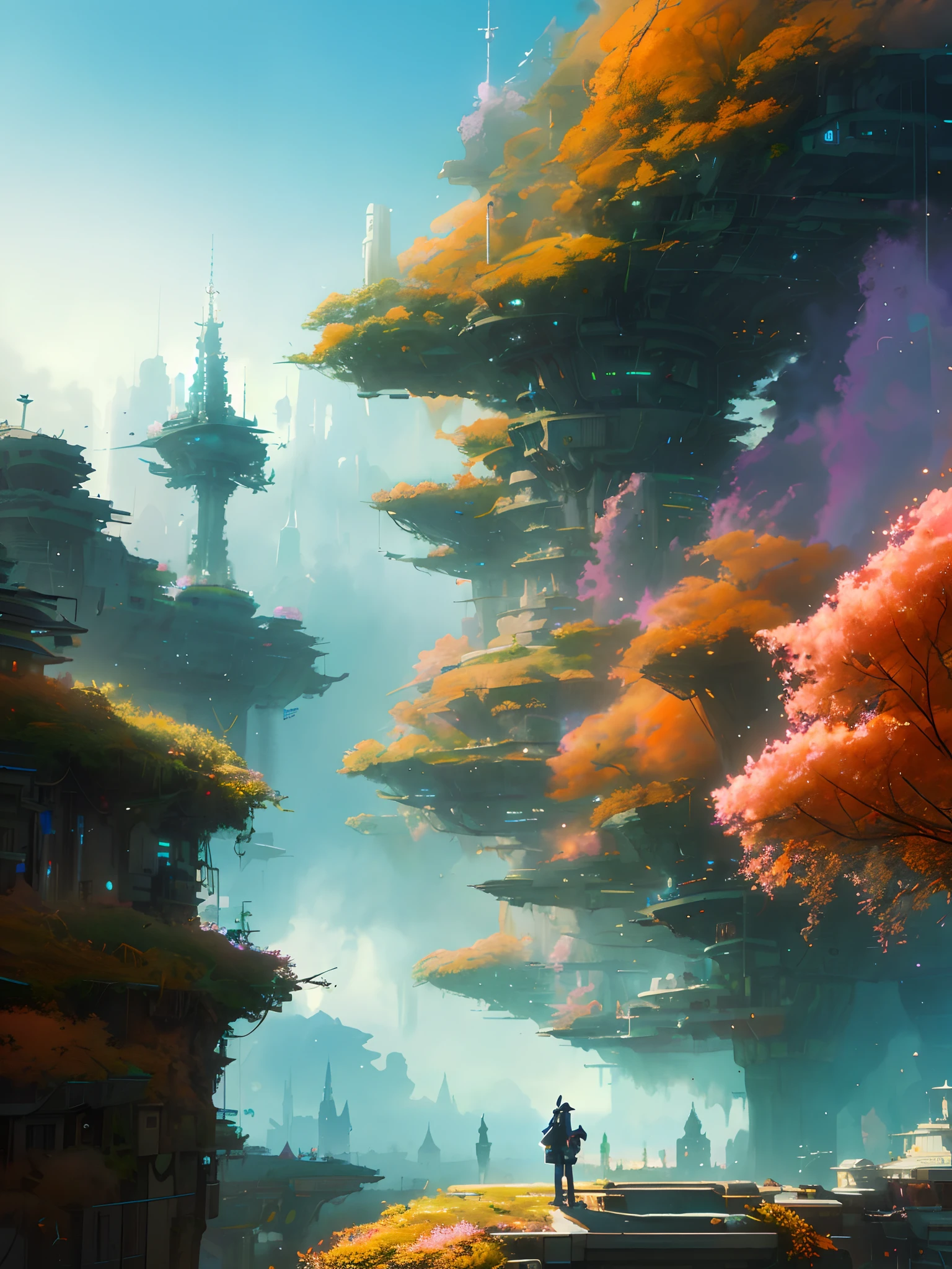 Watercolor,futuristic city with a girl standing on a cliff looking at a tall building, bastien grivet, paul lehr and beeple, 3 d render beeple, andreas rocha style, inspired by Mike "Beeple" Winkelmann, arstation and beeple highly, artgem and beeple masterpiece, by Beeple