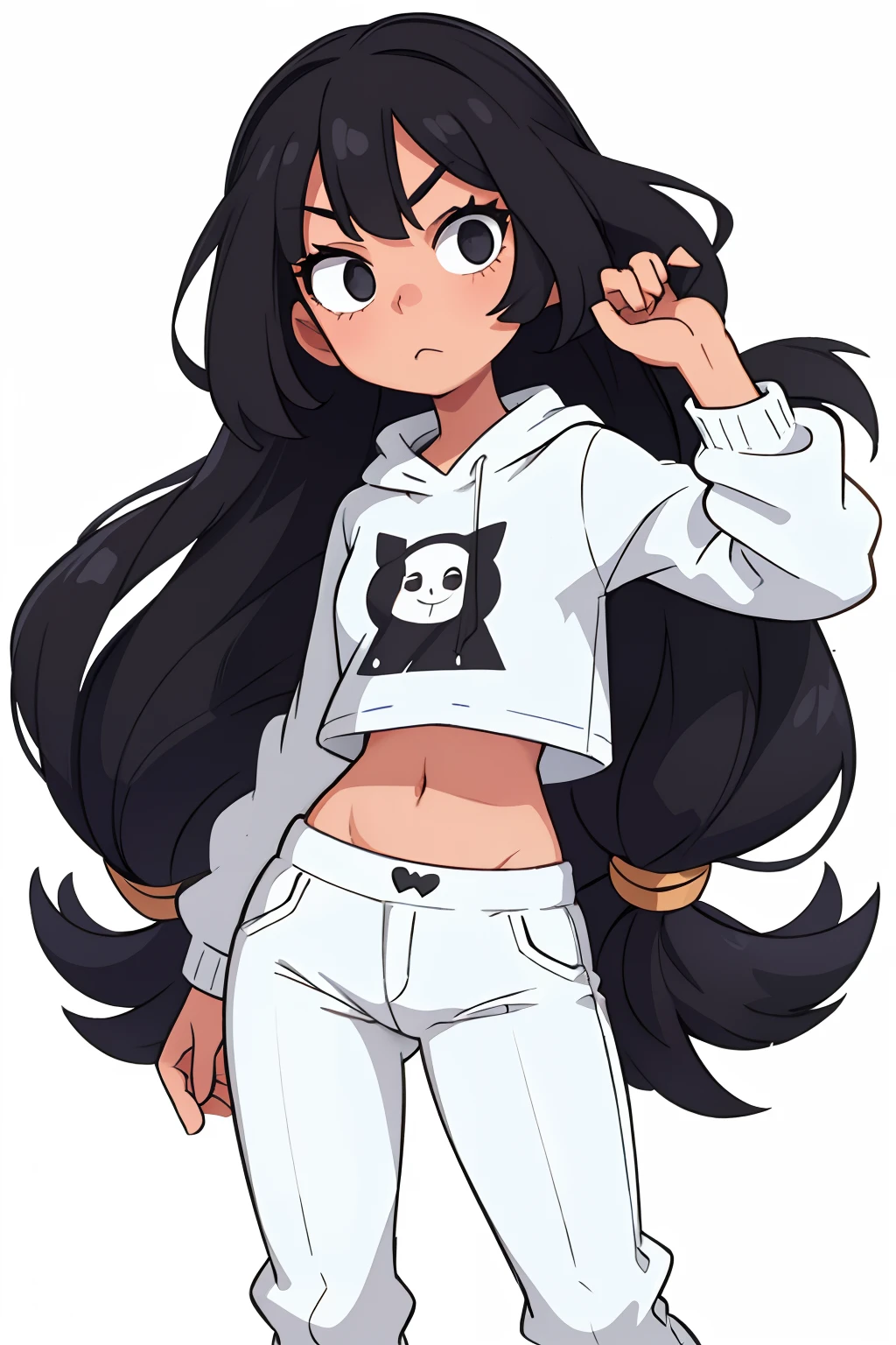 Girl with long hair black color white sweatshirt white pants and pants
