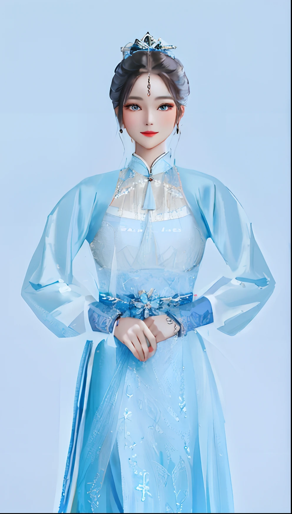 Exquisite masterpiece，（Fine face），A woman who is，ssmile，Hairpins，Bunched hair，No bangs，ellegance，eldest sister，Dignified，wearing blue dress， A girl in Hanfu, Home royal elegance, icey blue dress, a blue dress, high quality theatre costume, White Hanfu，