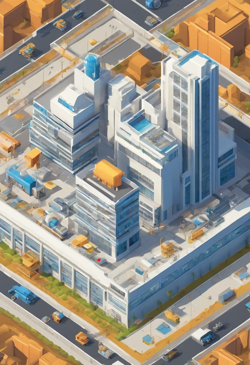 state of the art robotic modular construction production plant, clean, bright light, big and modern architecture, show robots working on stations