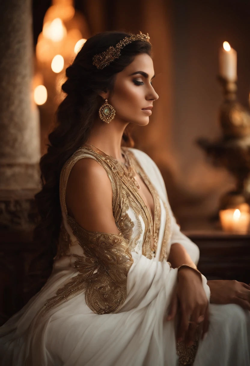 /imagine prompt: deusa grega, bonita, sensual, feminina,  cabelo curto castanho, pele luminosa, white Greek tunic, peacock