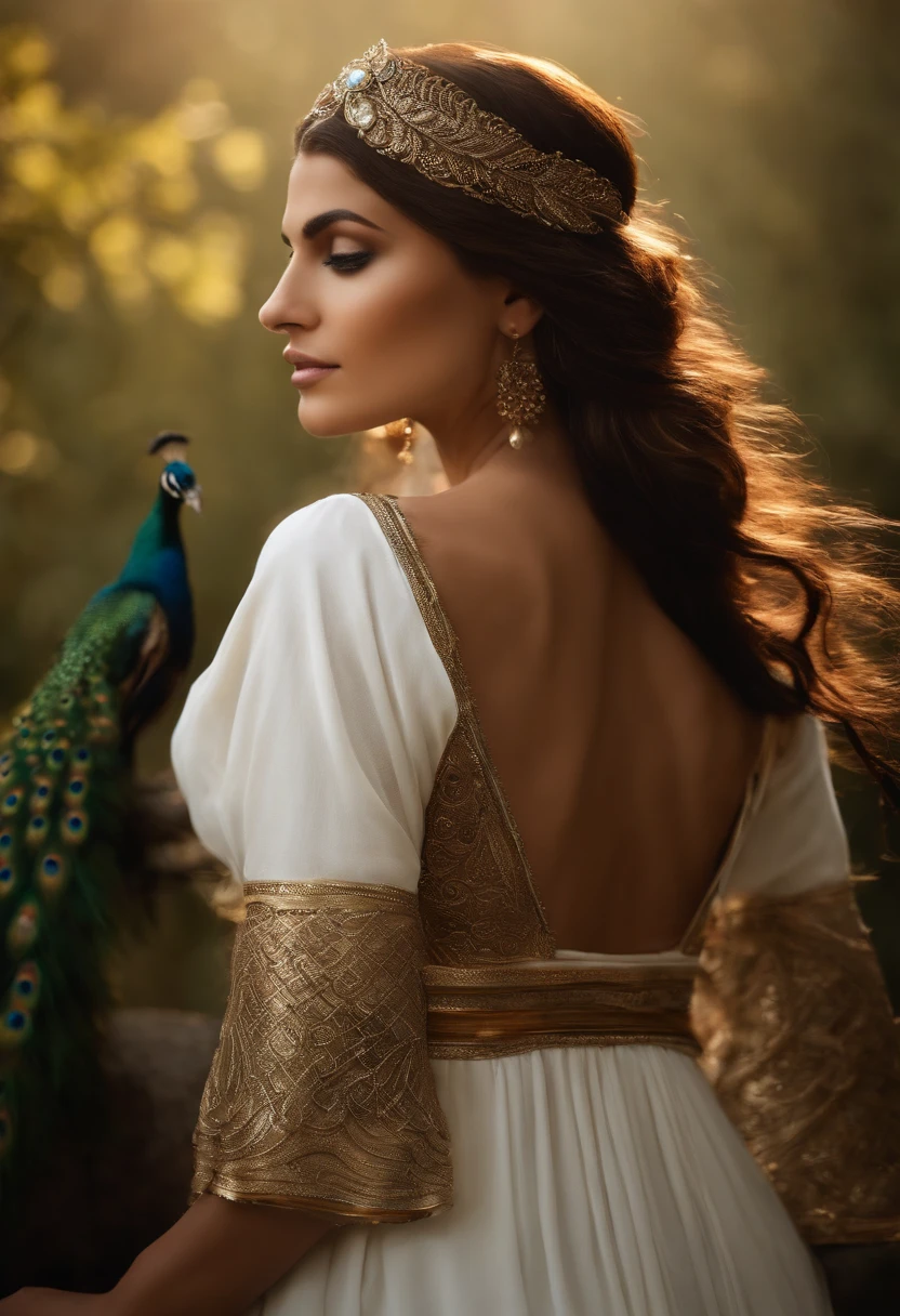 /imagine prompt: deusa grega, bonita, sensual, feminina, cabelo curto castanho, pele luminosa, white Greek tunic, peacock