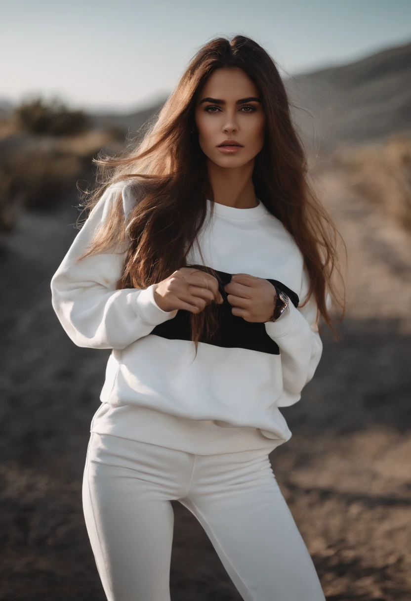 Girl with long hair, black, white sweatshirt, white trousers and trousers with different facial gestures