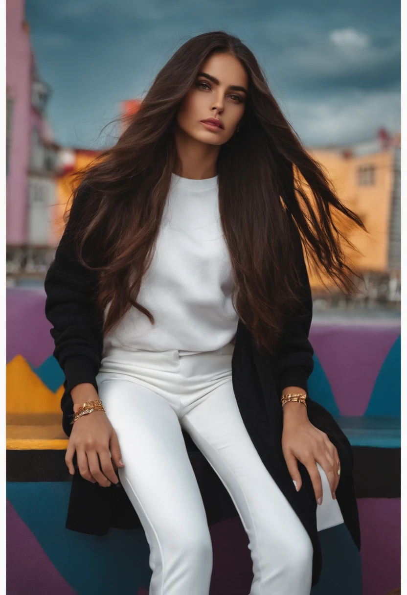 Girl with long hair, black, white sweatshirt, white trousers and trousers with different facial gestures