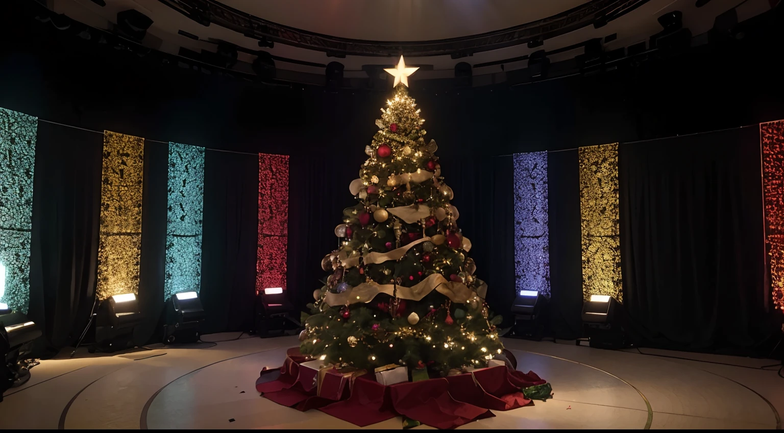 Christmas tree, foto realista, enfeite de cores variadas, luzes brilhantes com presentes variados e cores vibrantes, decorated and with a shining star in the cinematic, fotografia profissional, studio illumination, red background, advertising photography, detalhes intrincados, hiper-detalhado, ultra realista, 8K UHD,