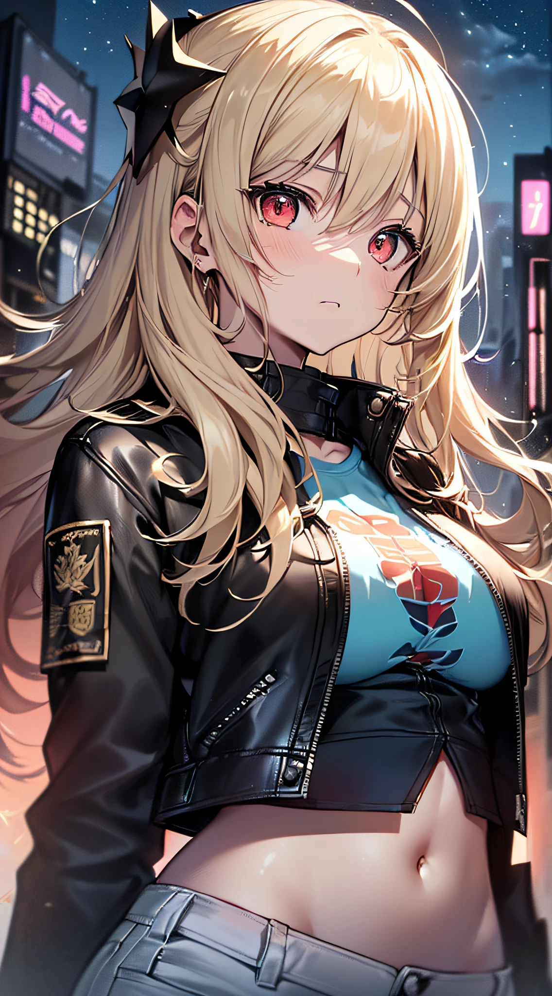 top-quality、Top image quality、​masterpiece、girl with((cute little、18year old、Best Bust、Medium bust、Bust 85,Red eyes to issue、Breasts wide open,Valley、Blonde long hair、A slender、Black navel T-shirt、Black leather jacket、White pants、astonished face）hiquality、Beautiful Art、Background with((Night city、The ground glows blue、weightless、Things float high in the sky)),masutepiece、Elaborate design、visualart、depth of fields、The best lighting、highestdetailed、8ｋ,、Art of Kurosawa World