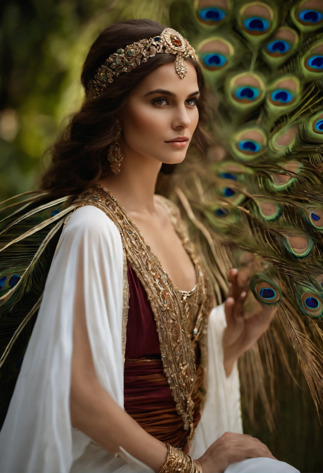 /imagine prompt: deusa grega, bonita, sensual, feminina, cabelo curto castanho, pele luminosa, white Greek tunic, peacock