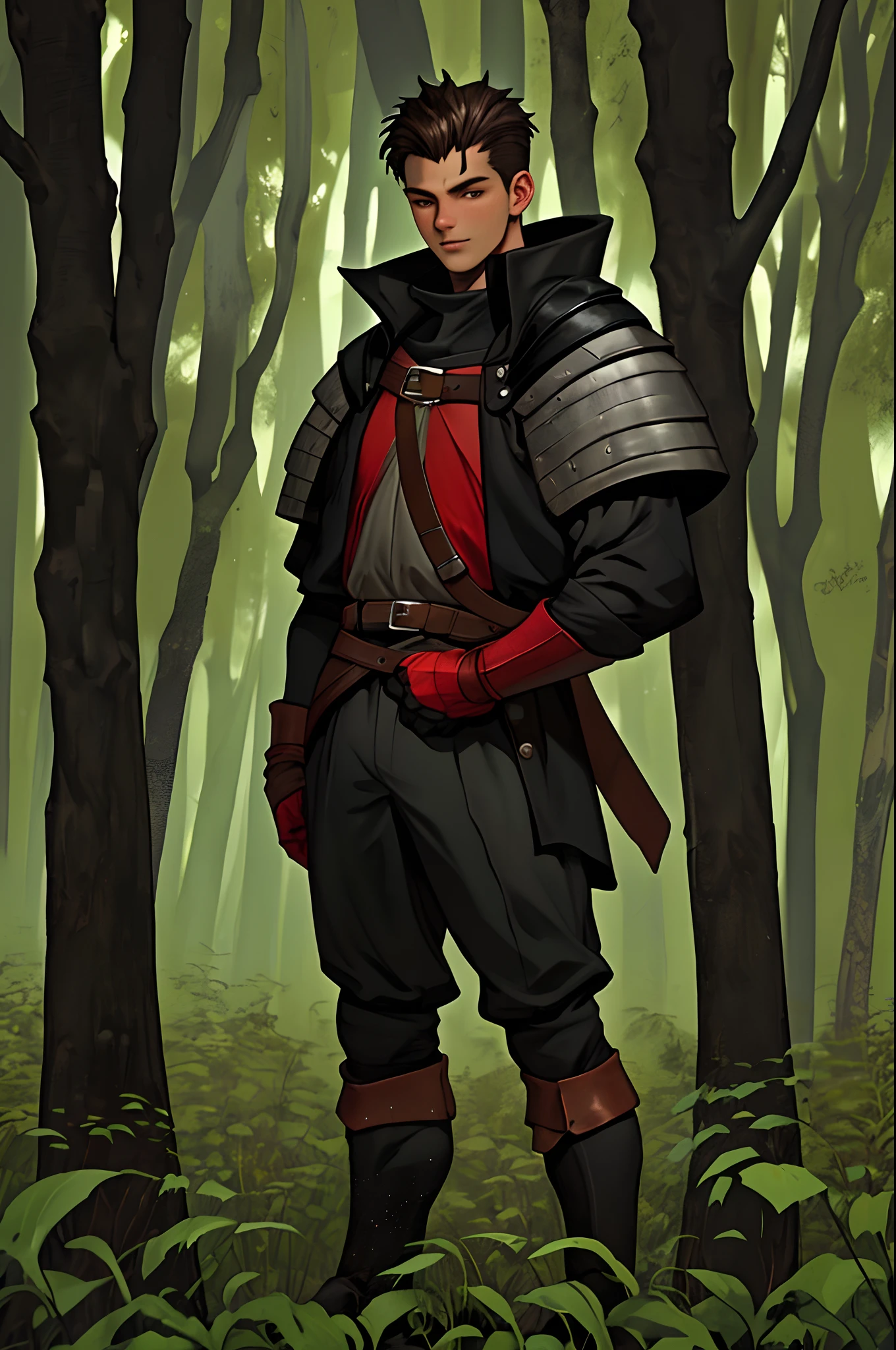 Boy, seventeen years, with medieval hunter black clothes, dark hair, alone, in a dark forest, athletic body, red smoked aura evolving hes body