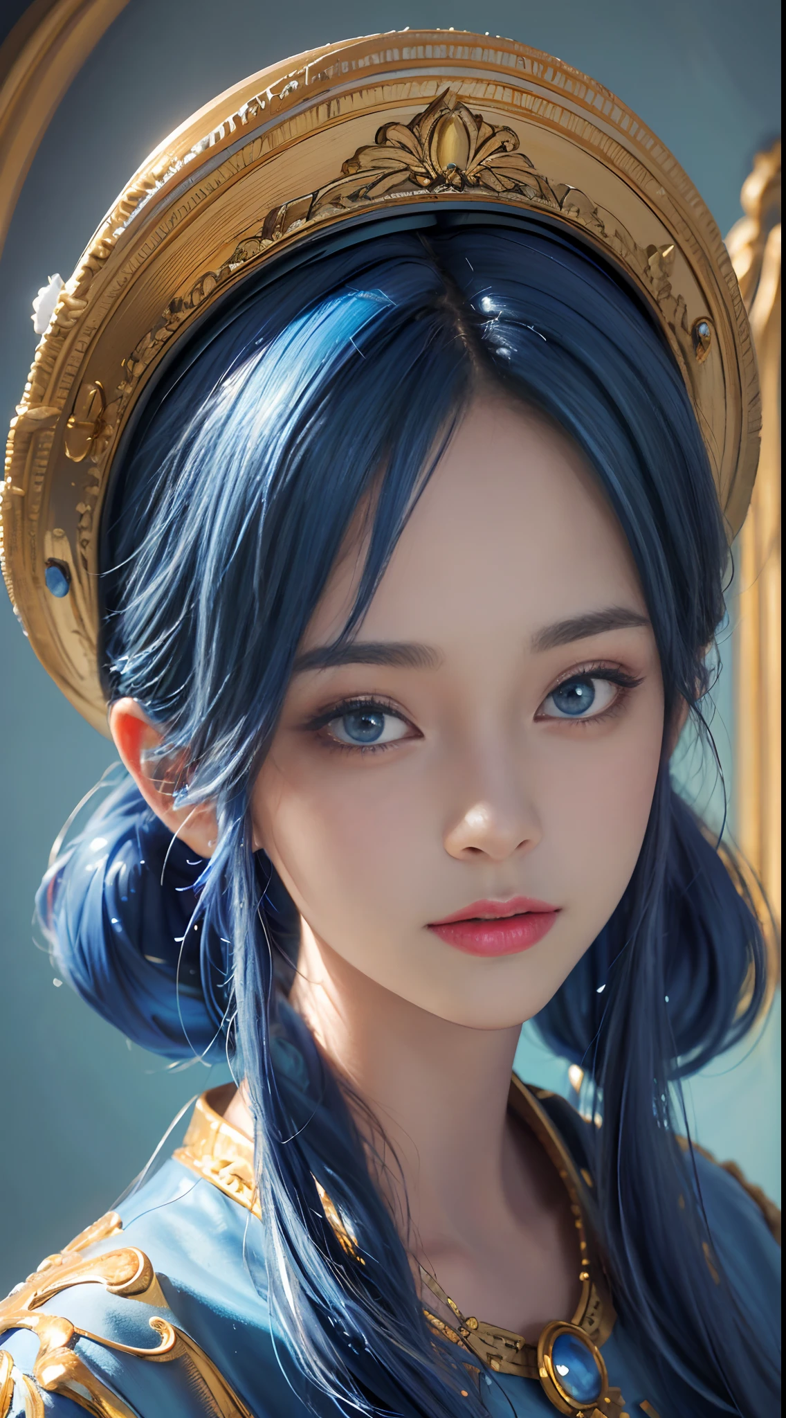 portrait,(best quality,highres,masterpiece:1.2),detailed eyes and face,beautiful detailed eyes,beautiful detailed lips,blue hat,blue shirt,golden hair,medium:oil painting,ultra-detailed,studio lighting,vivid colors,colorful background,sharp focus,soft brushstrokes,realistic,photography