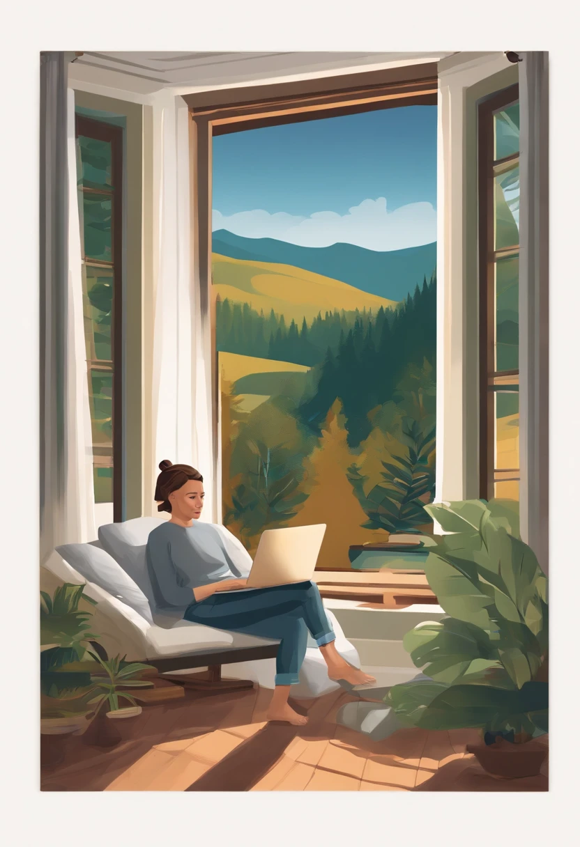 a person sitting comfortably in a warm and peaceful environment in their own home, with a laptop open in front of them. The laptop screen displays a serene and inspiring nature scene
