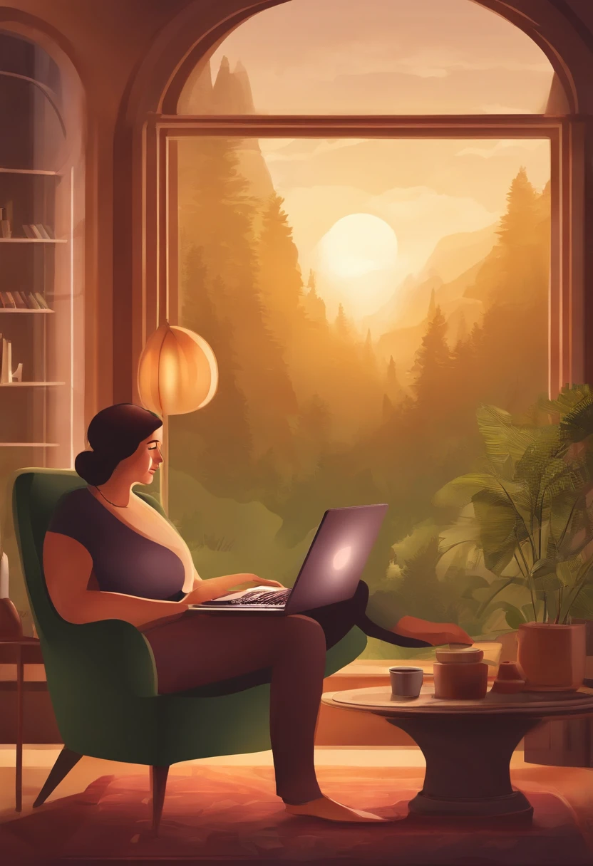 a person sitting comfortably in a warm and peaceful environment in their own home, with a laptop open in front of them. The laptop screen displays a serene and inspiring nature scene