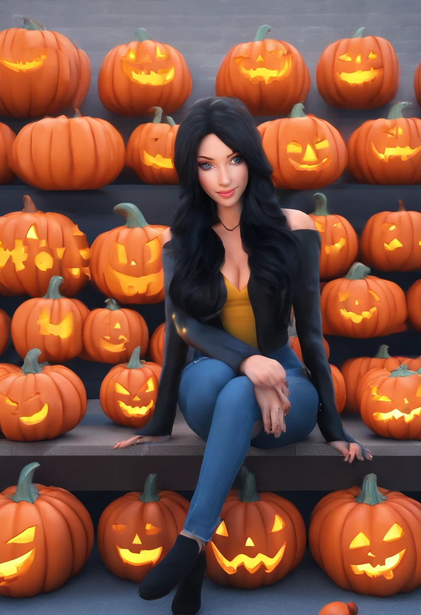 Pretty Woman, Long black hair, sitting on a wall, Halloween theme, Pumpkin around her, Little smile, HD, Ultra HD, Warm lightning, Masterpiece, Crop T-Shirt