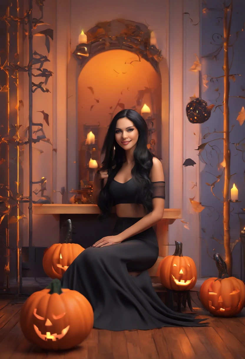 Pretty Woman, Long black hair, sitting on a wall, Halloween theme, Pumpkin around her, Little smile, HD, Ultra HD, Warm lightning, Masterpiece, Crop T-Shirt