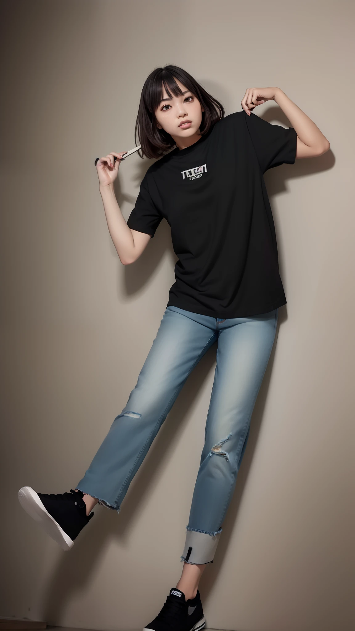 arafed woman in a black shirt and jeans posing for a picture, jeans and t shirt, wearing a dark shirt and jeans, official product photo, she is wearing streetwear, black t-shirt, black t - shirt, wearing a black t-shirt, wearing black tshirt, he is wearing a black t-shirt, outlive streetwear collection