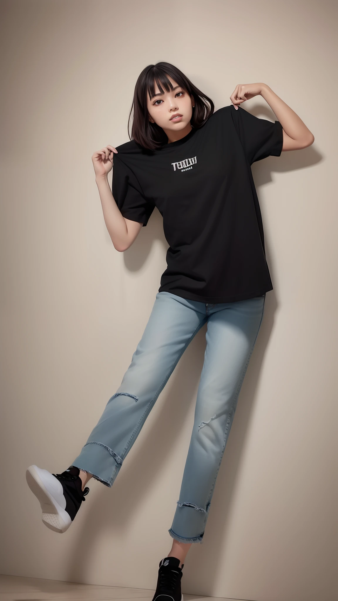arafed woman in a black shirt and jeans posing for a picture, jeans and t shirt, wearing a dark shirt and jeans, official product photo, she is wearing streetwear, black t-shirt, black t - shirt, wearing a black t-shirt, wearing black tshirt, he is wearing a black t-shirt, outlive streetwear collection