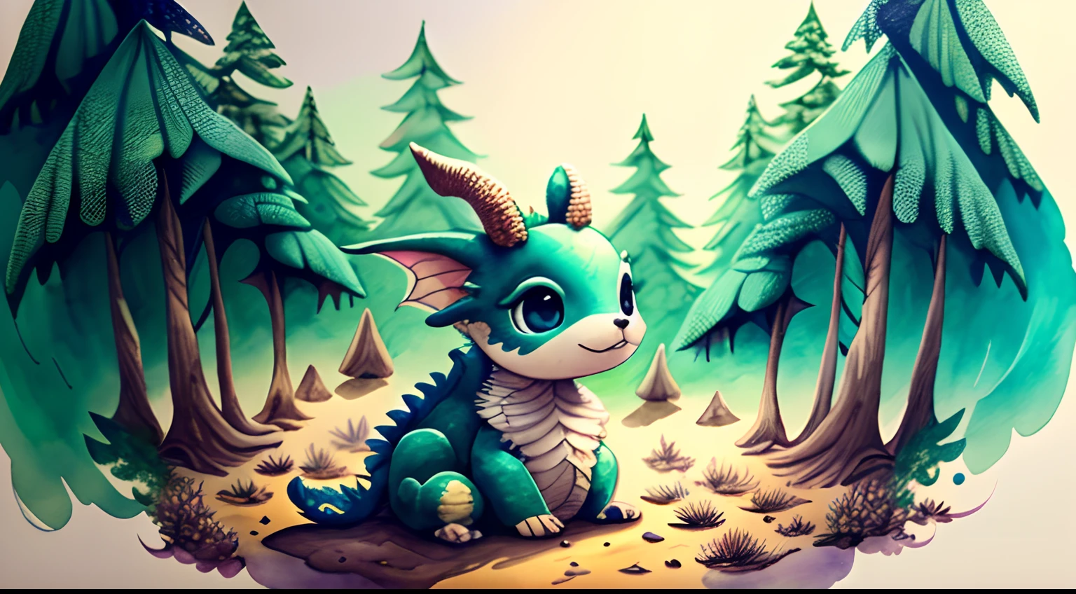 1 cute  dragon, 1 little  cartoony, watercolour, whitebackground, digital painting, highly detailed, intricated, clarity, high quality, in forest, roots, sharp focus, studio photography, intricate details