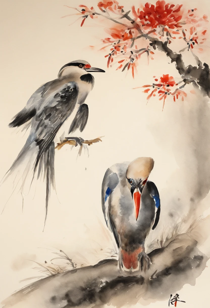 1 pair of father and son，Hand in hand，natta，Minority elements，classical，Qi Baishi painting style，Modern style，watercolor paiting