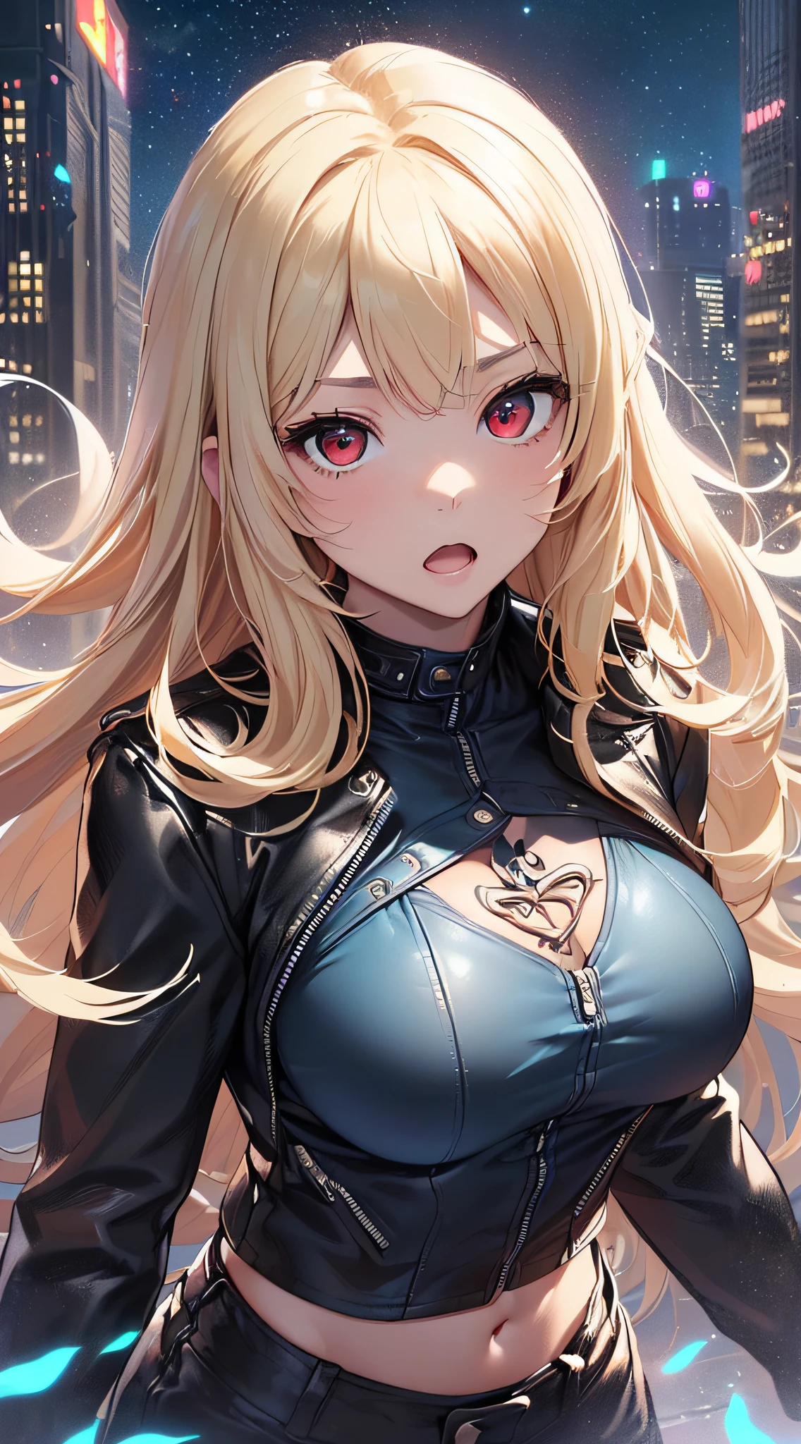 woman、Early 20s、Wicked Smile、Blonde、Long Hair、Green Eyes、Frameless sunglasses with red lenses、breast enhancement、sexy、sexyなポーズ、Black tube top、hot pants、Bright red long coat、R-18、City of night
