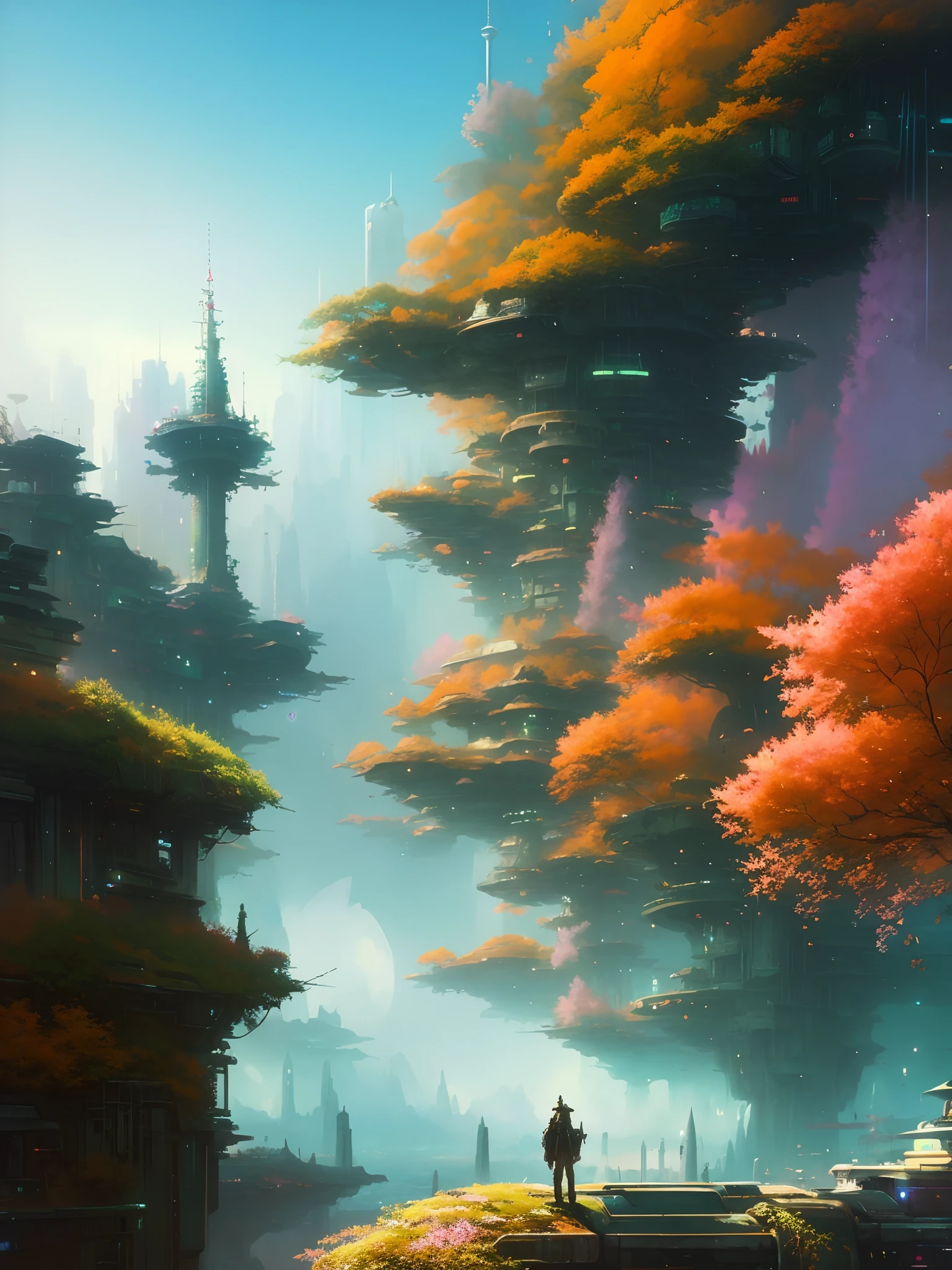 Watercolor,anime scenery of a man standing on a bridge in a fantasy world, paul lehr and beeple, andreas rocha style, concept art wallpaper 4k, bastien grivet, inspired by Paul Lehr, cyberpunk in foliage, futuristic landscape, sci-fi fantasy wallpaper, ross tran. scenic background, cyberpunk forest, arstation and beeple highly