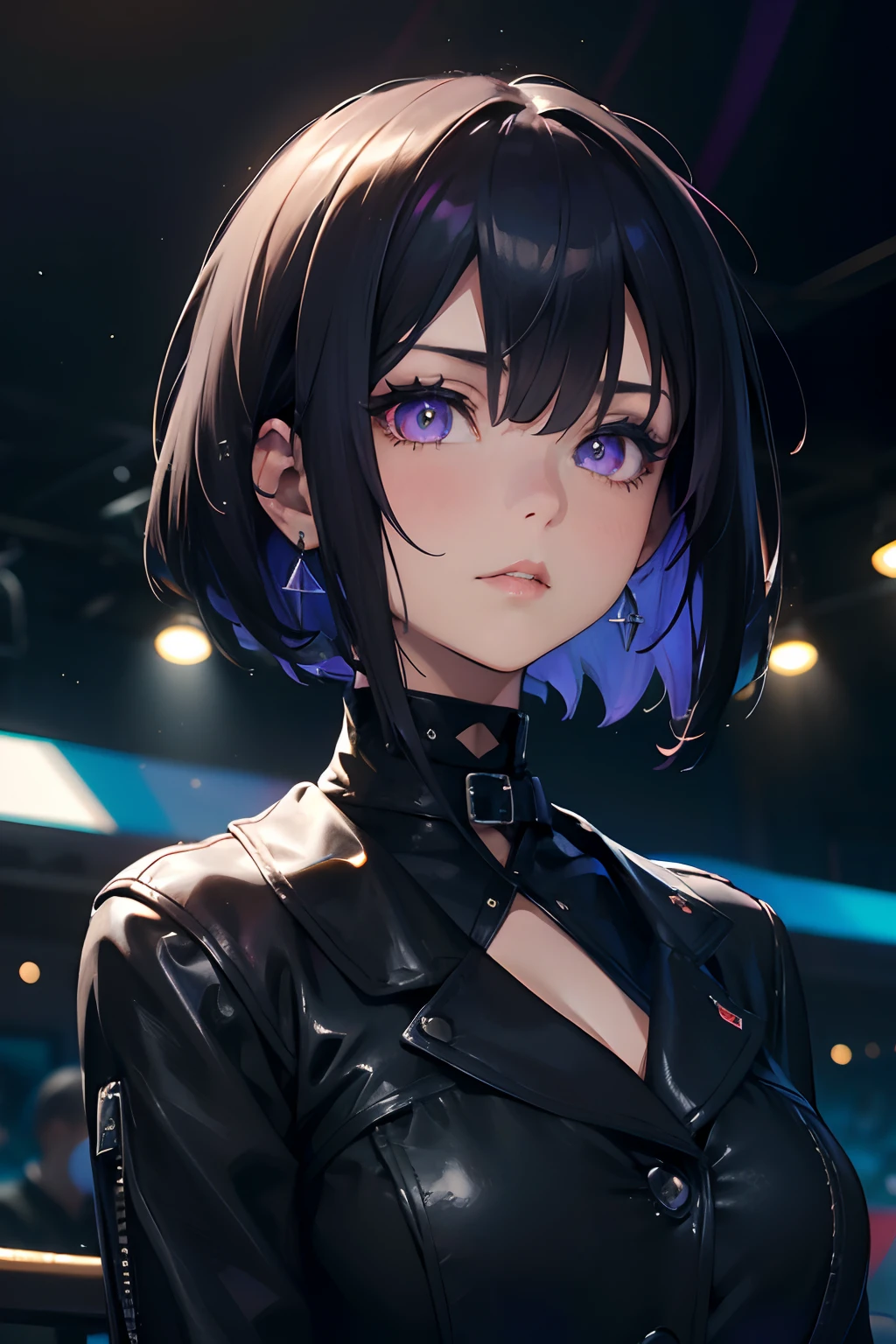 masutepiece, Best Quality, a 20 yo woman, ((Cool Face)),Shadow,Bery short hair,Live Music Club,Purple eyes,blac hair,Lapis Lazuli Gemstone Choker,((Sharp eyes)),tight outfit,Mixed background with black, blue and green,drum,The artists,audience,highly contrast,Big,Beautiful lips,Big piercings,Large Black Jacket,Grains of light,Bangs and bangs,Psyllium,looking left,The upper part of the body,Random reflexes,Colorful lights,hyper reality,natural skin textures,Face looking up,Hanging corners of the eyes