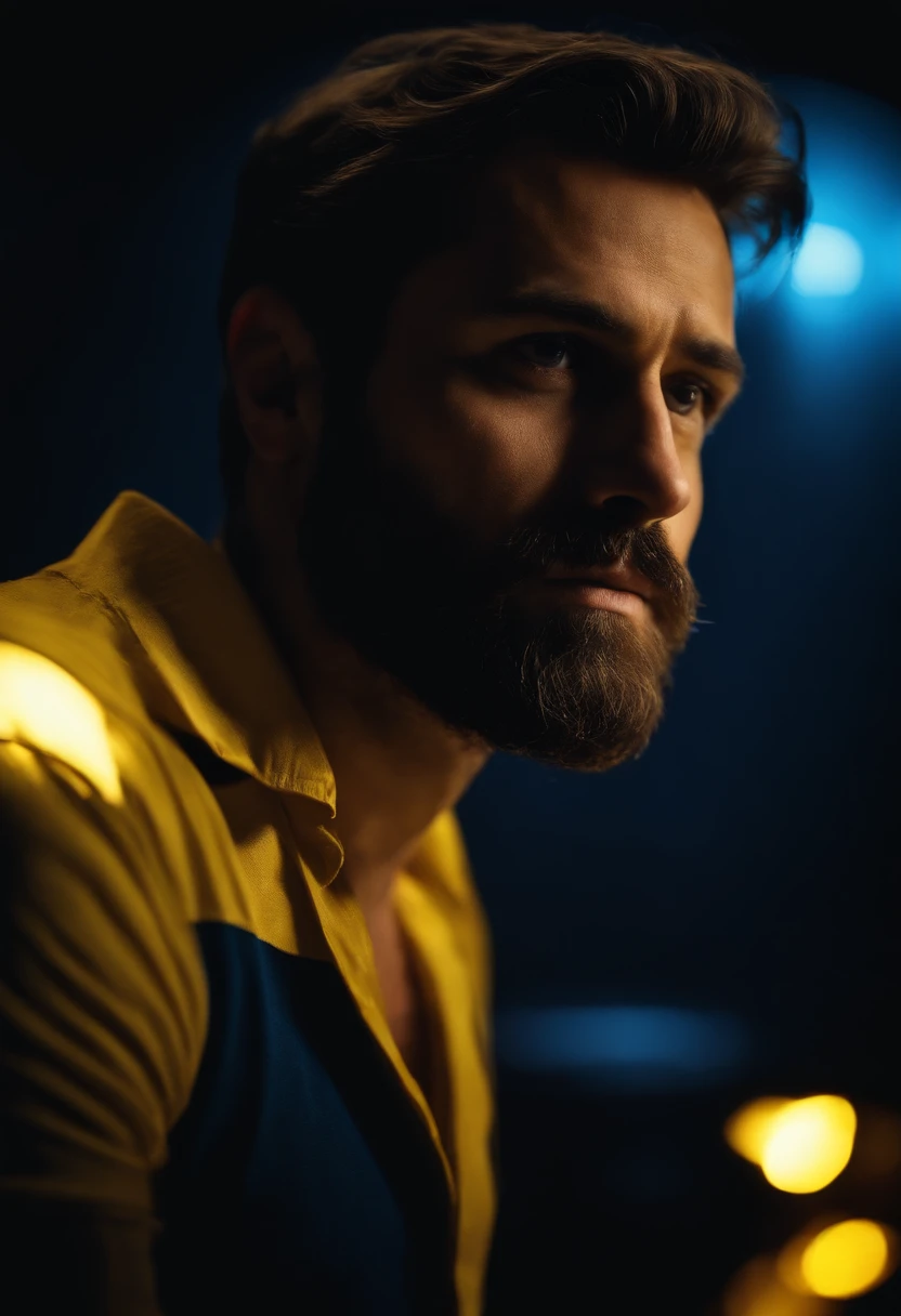 Portrait of a man, wearing a blue shirt, black room, with yellow lights, small beard, ultra realistic, fine quality