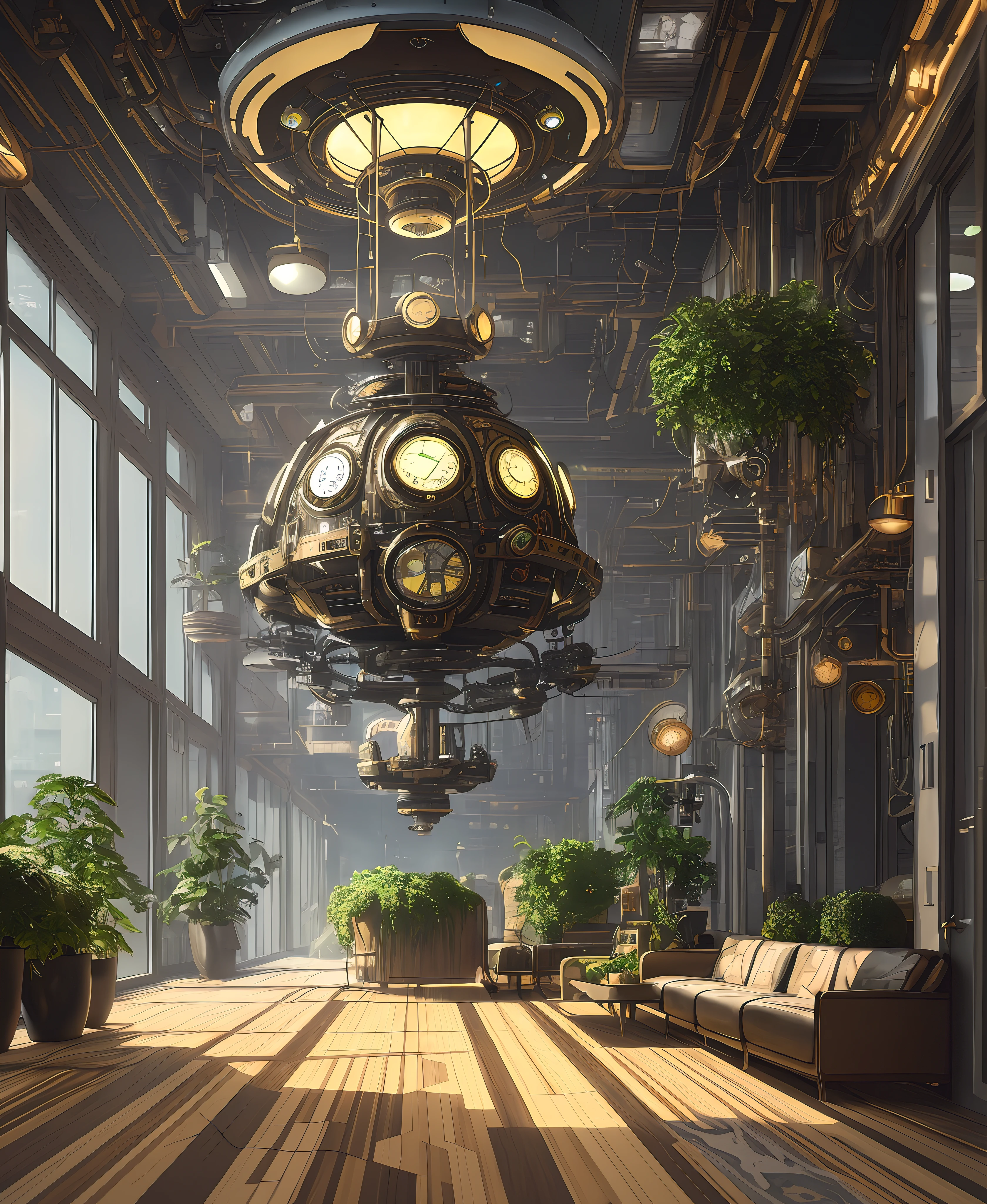one organic steampunk mechanical scifi ufo sitting on the floor of modern over planted living room with carpet, modern interior, High quality photo, ultra high res, (photorealistic:1.4), cinema lighting, insanely detailed, hyper realistic, fine details, octane render