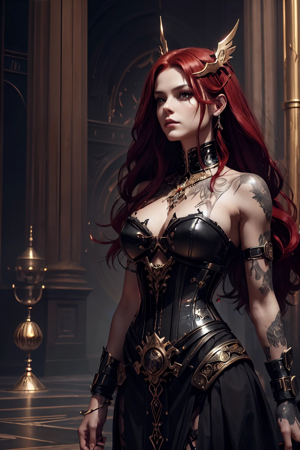 Red-haired demoness woman, full growth, very beautiful, long red hair, smooth, clean, white skin. Red and black short evening dress, cinematic picture, high detail, dynamic expressive image, detailed skin texture, graceful figure, sexy girlfriend, tattoos, dark angel, Italian Renaissance, great art. Magic and cyberpunk mixed together. Expensive jewelry symbolizes esoteric knowledge mixed with cyber technology, electronics, implants, expensive futuristic body jewelry, and tattoos. Warm range of colors, golden light, contrasting light with cold side lighting, expressing volume and shape. High-quality 3D visualization imitating painting techniques, a painting executed by an outstanding master in a painterly manner. Distant esoteric future, high technology - magic. Masterpiece. the highest quality, background - futuristic horror style, engineering structures, temple of cyber technology, clear frame, soft shadows, contrasting light.
  2_Her body is grace, elegance, and ideal figure, a woman with long red hair, waist-length hair, black metal, a leather corset, a rock star, a demonic image, body covered in tattoos. On the body, there is a corset of belts, fasteners, and fastenings, electronic implants, woven into her outfit, the Goddess of Darkness, the angel of the CyberWorld.
3_ Background environment; Urban hall, glow, wires. electronic mechanisms, Create an esoteric ornament, an epic structure - a temple, a religious building, High vaulted ceilings, Modern architecture - esoteric: studio light, side light, the contrast of cold shadows, and warm golden light.
4_High image quality, 4K | Ultra HD | Full HD, cinematic rendering, 3D visualization. 8K Full Body Rendering Unity, Motion Capture, Skin Pores, Detailed Face (Vivid, Photorealistic, Realistic, Sharp Focus, 8K). High-detail textures, fabric, material, leather, metal, electronic implants. Texture, high quality, (shades of gray, red, black, elements, metallic luster), Magic amulets on the chest, cabalistic symbols. Fi