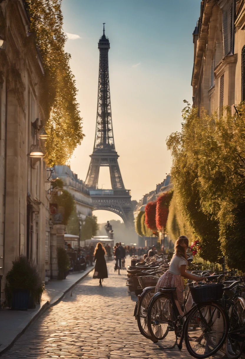 (best quality,4k,8k,highres,masterpiece:1.2),ultra-detailed,(realistic,photorealistic,photo-realistic:1.37),beautiful girl in the charming streets of Paris,unique French atmosphere,lively cafe scene,vibrant colorful flowers everywhere,white and delicate Parisian architecture,cozy sunny morning with gentle breeze,majestic Eiffel Tower in the background,cobblestone streets with vintage lampposts and bicycles,stylishly dressed locals and tourists enjoying their croissants,hot air balloon floating in the clear blue sky,romantic kisses on the Seine riverbanks,iconic Notre-Dame Cathedral with intricate details,impressionist painting-inspired style,hint of warm pastel colors,soft natural lighting casting dreamy shadows.