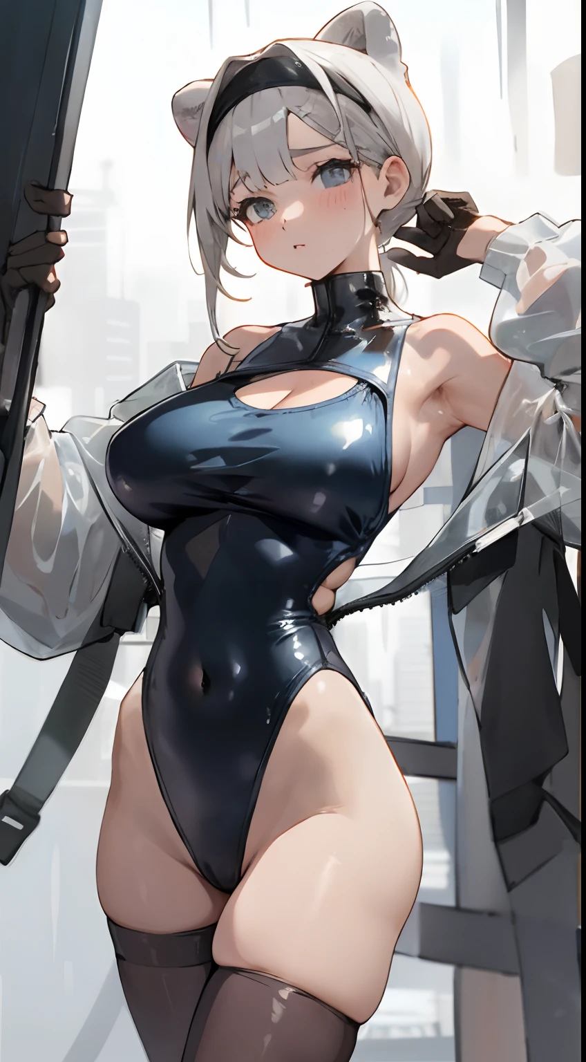 Bigboobs,cropped shoulders,Deep V one-piece swimsuit,leather clothes,White knee-length stockings,High ponytail,Stand up,see-through raincoat