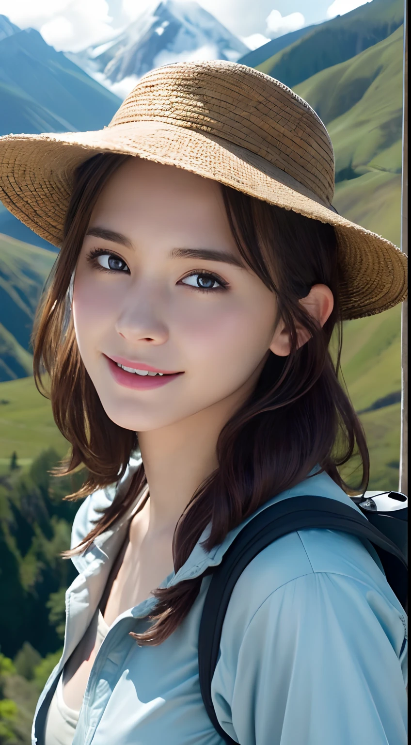 (A hyper-realistic), (hight resolution), (8K), (ighly detailed),  (beatiful detailed eyes), (top-quality), (ultra-detailliert), (​masterpiece), (A detailed face), softfocus、face of emma watson、Colossal tits、japanes、mountaineering、Superb view、hiking、rucksack、Windbreaker、hat、A smile