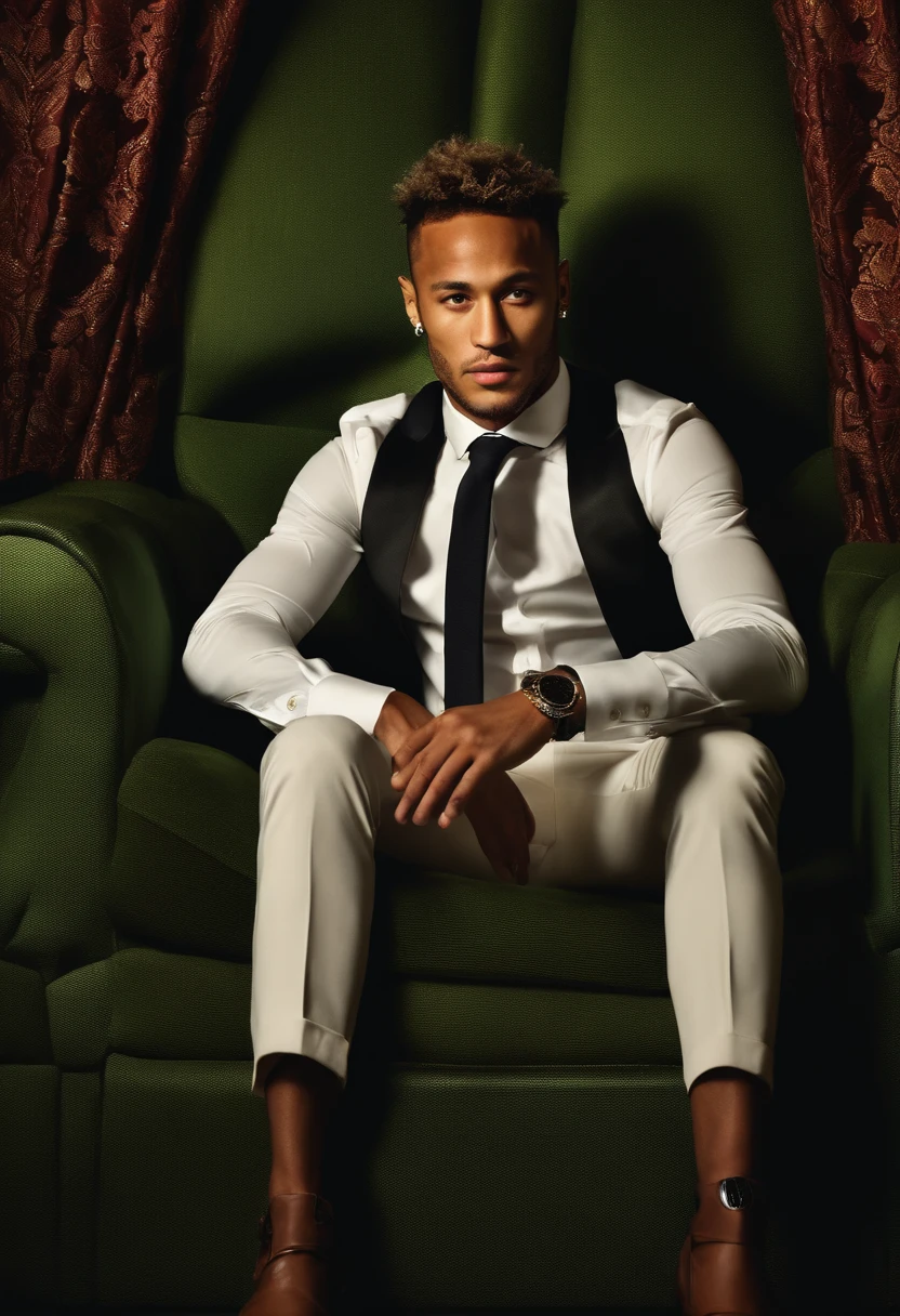 A professional photo DSRL, of Neymar wearing a suit, sitting in an armchair, with on his face