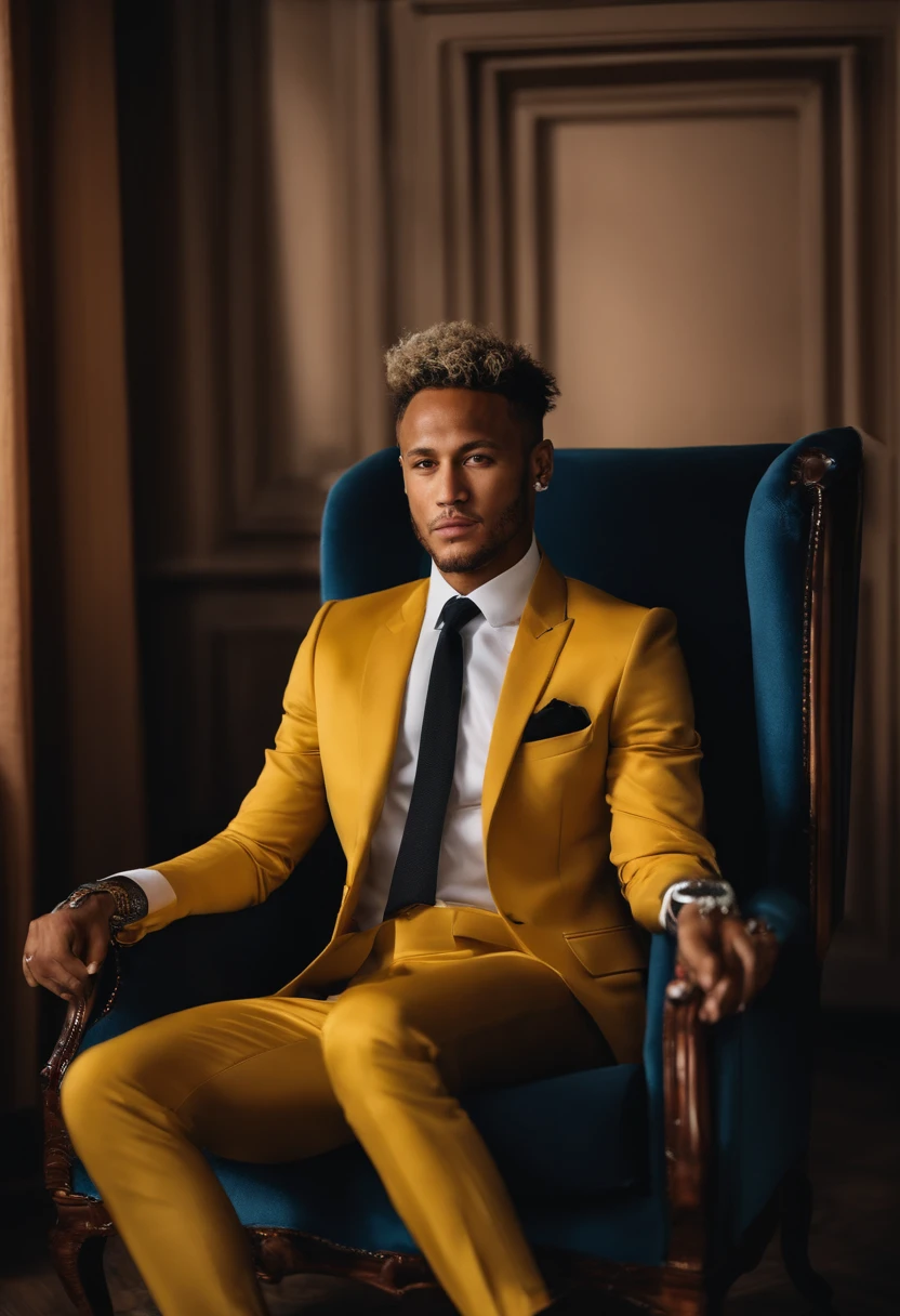 A professional photo DSRL, of Neymar wearing a suit, sitting in an armchair, with on his face