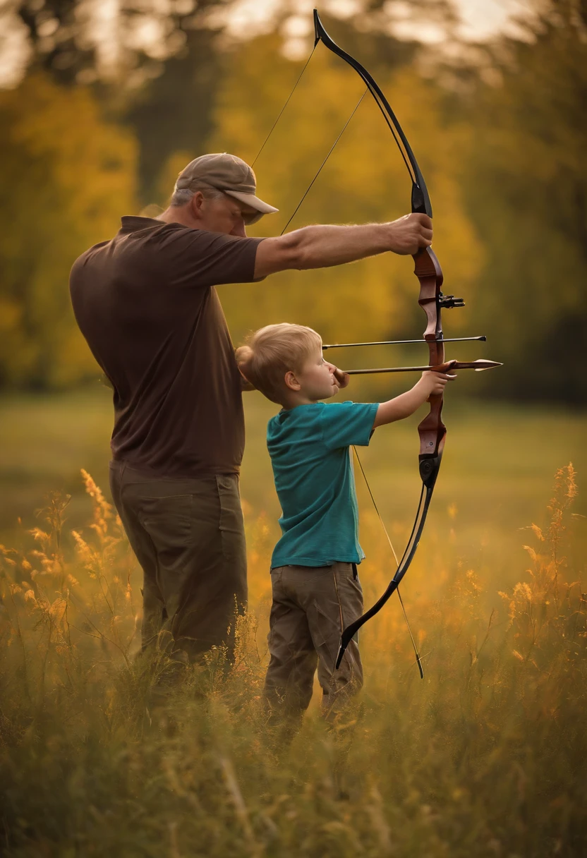 Dad stood and taught his son archery
